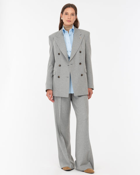 gray wool blend flannel double breasted blazer