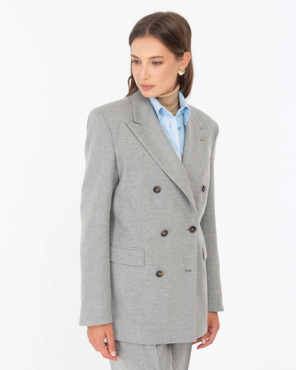 gray wool blend flannel double breasted blazer