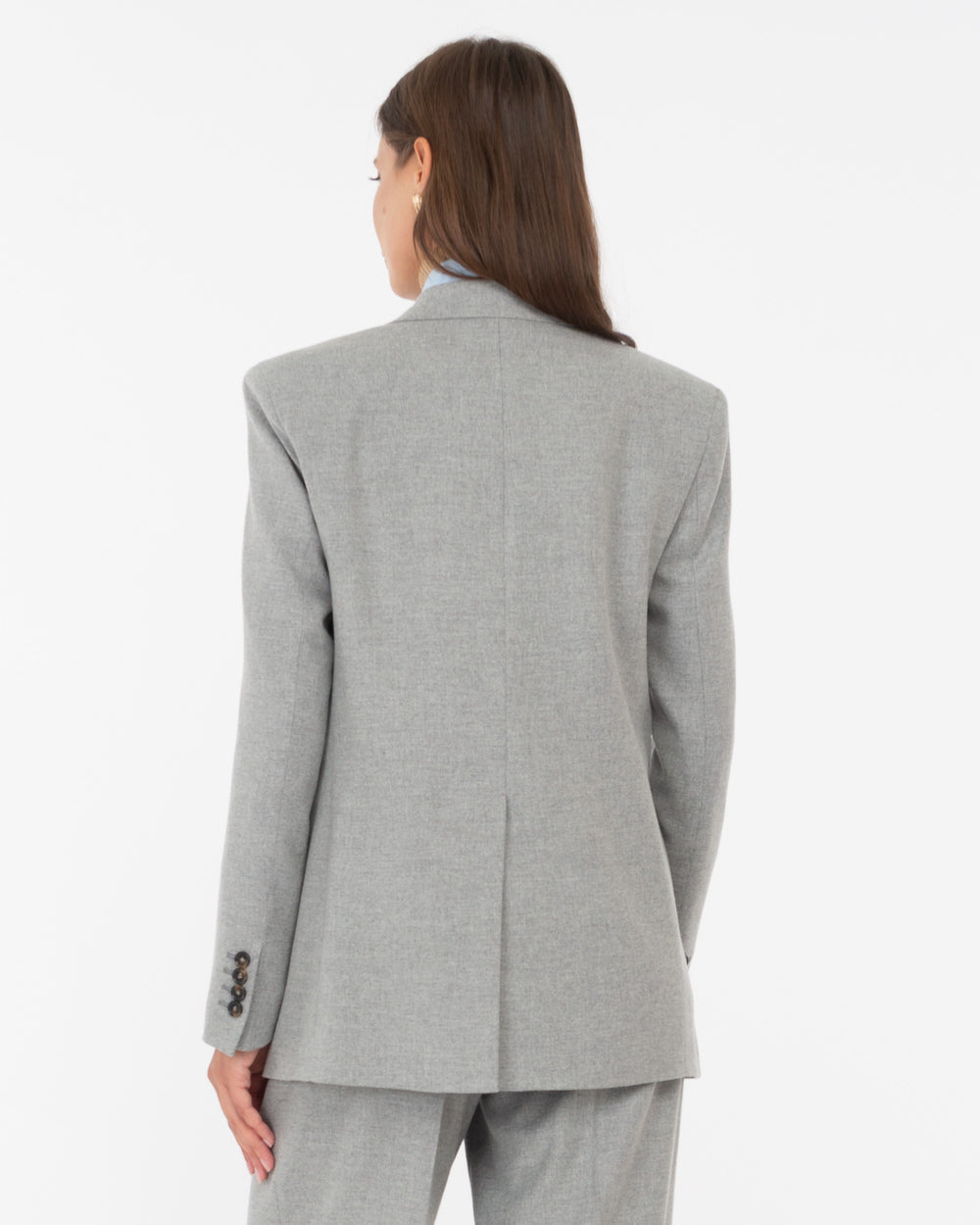 gray wool blend flannel double breasted blazer