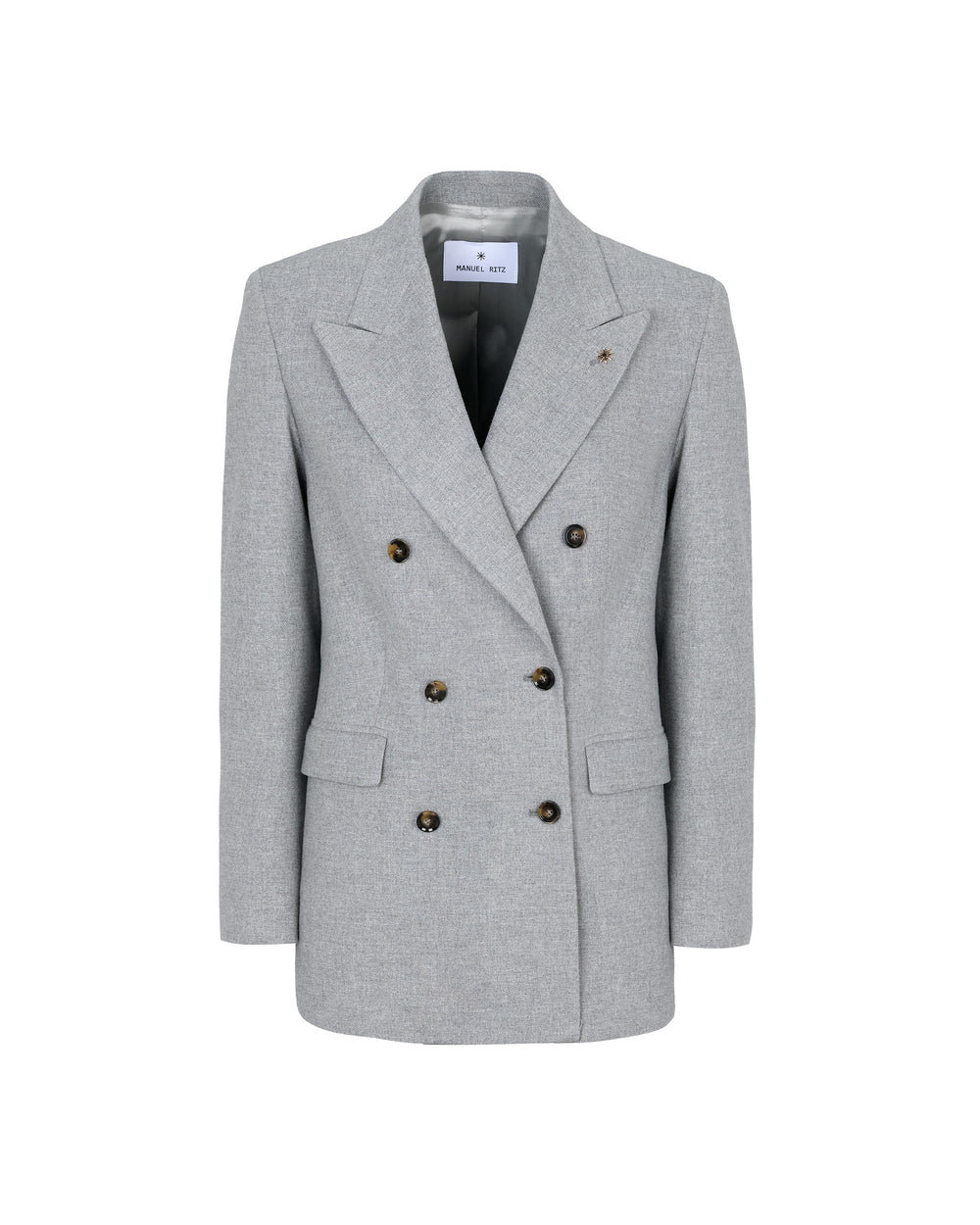 gray wool blend flannel double breasted blazer