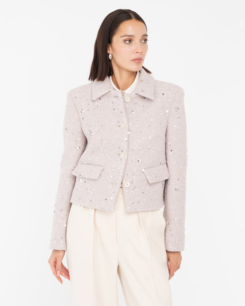 beige cropped bouclé cloth jacket with sequins