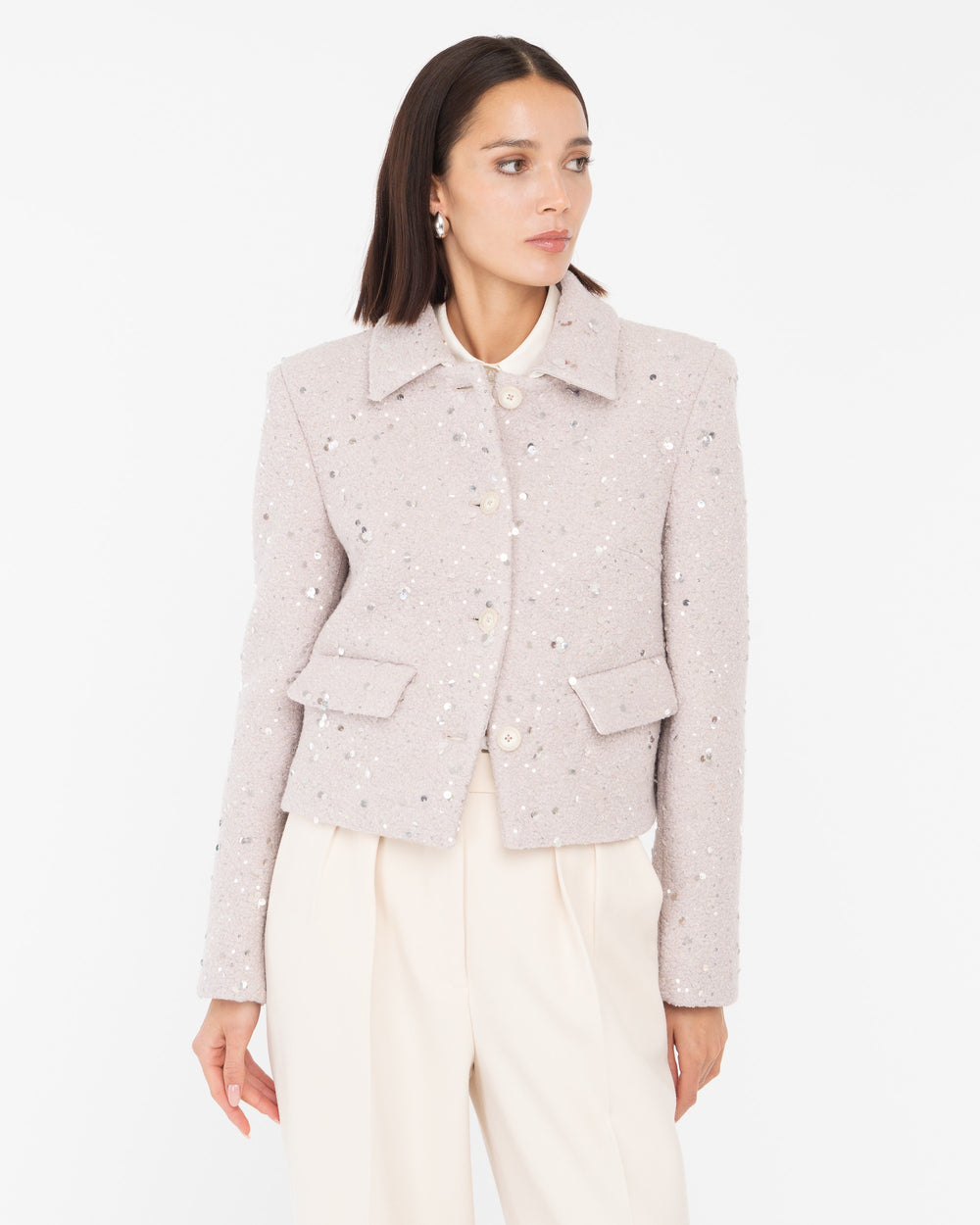 beige cropped bouclé cloth jacket with sequins
