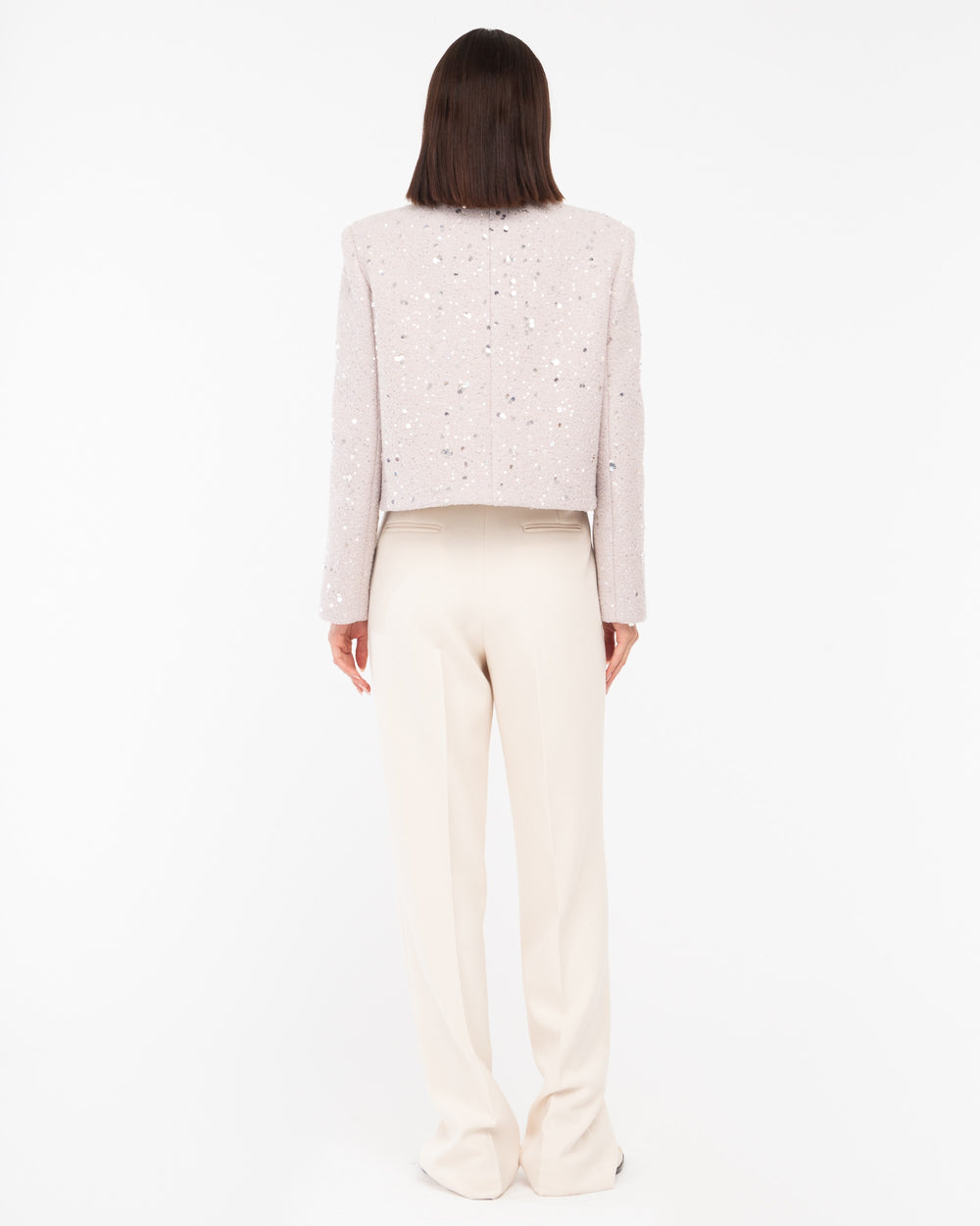 beige cropped bouclé cloth jacket with sequins