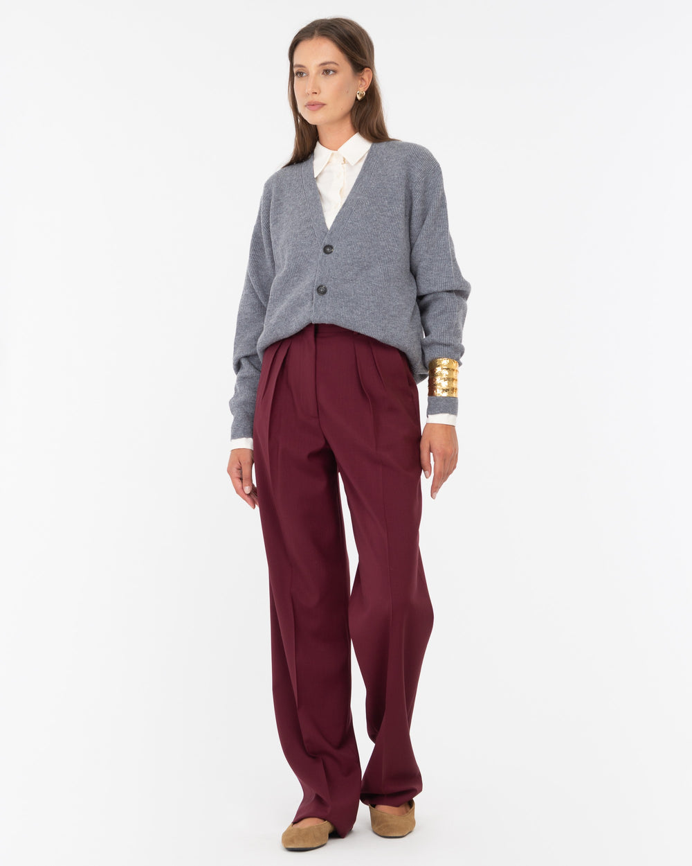 red wool double pleat trousers