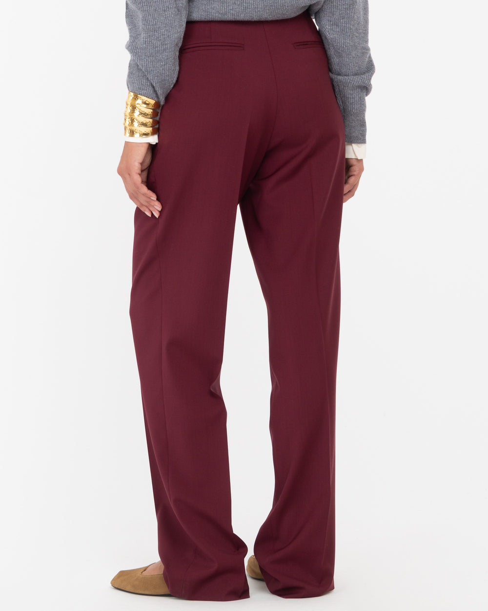 red wool double pleat trousers