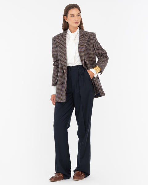 blue wool double pleat trousers