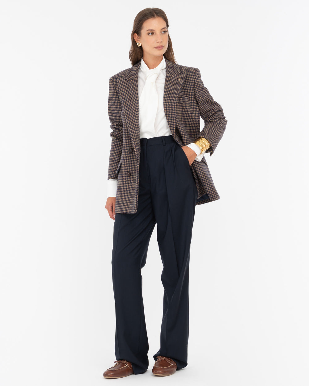 blue wool double pleat trousers
