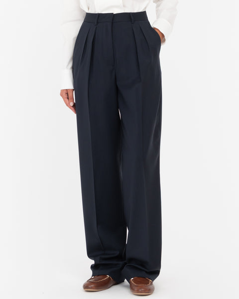 blue wool double pleat trousers