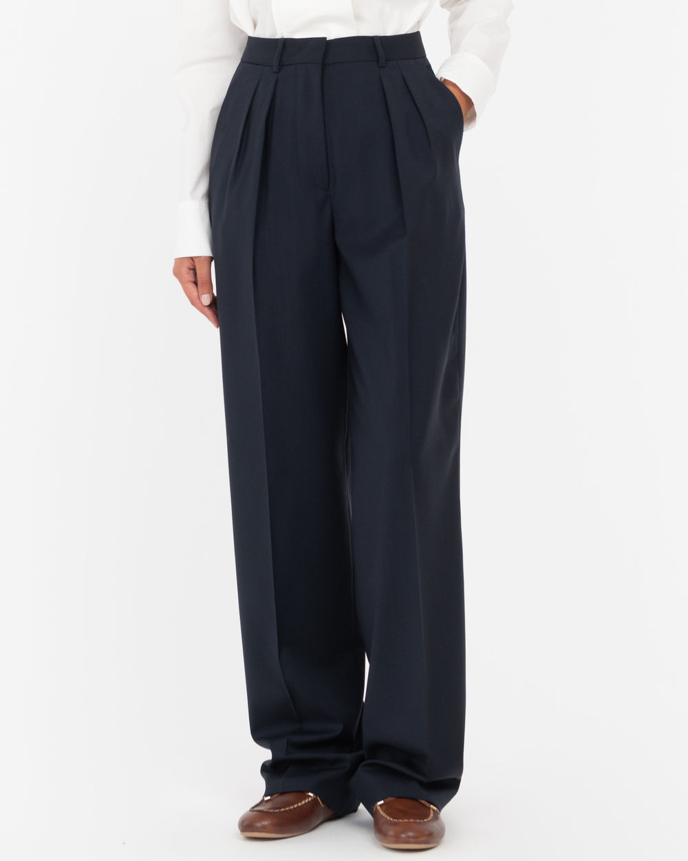 blue wool double pleat trousers