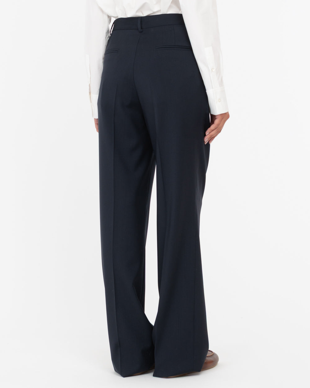 blue wool double pleat trousers