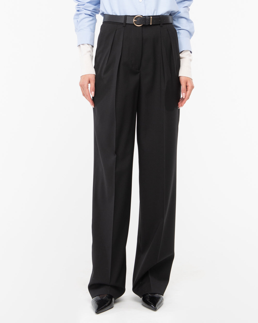 black wool double pleat trousers