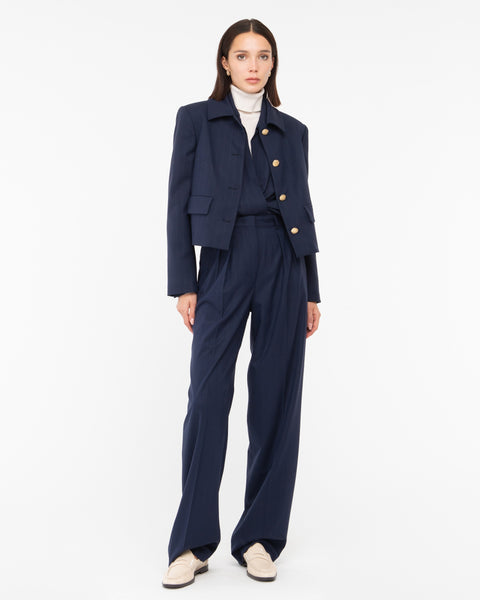 blue double pleat pinstripe poly viscose trousers