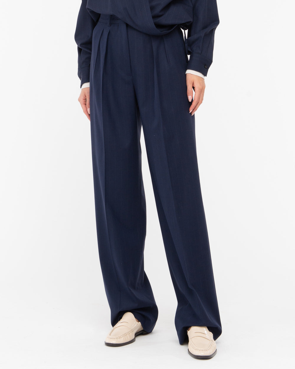 blue double pleat pinstripe poly viscose trousers