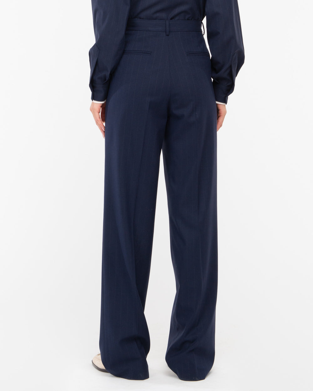 blue double pleat pinstripe poly viscose trousers