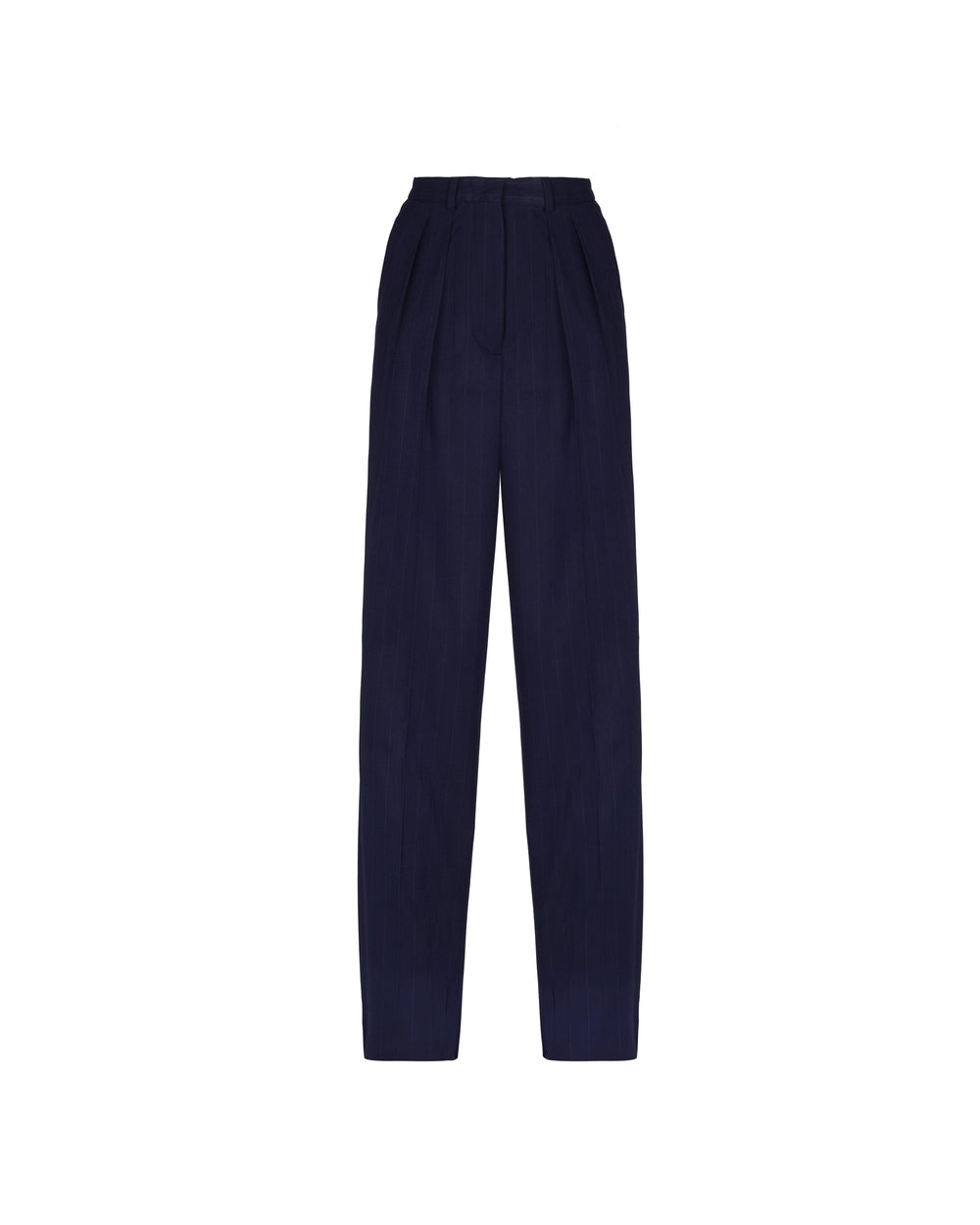 blue double pleat pinstripe poly viscose trousers