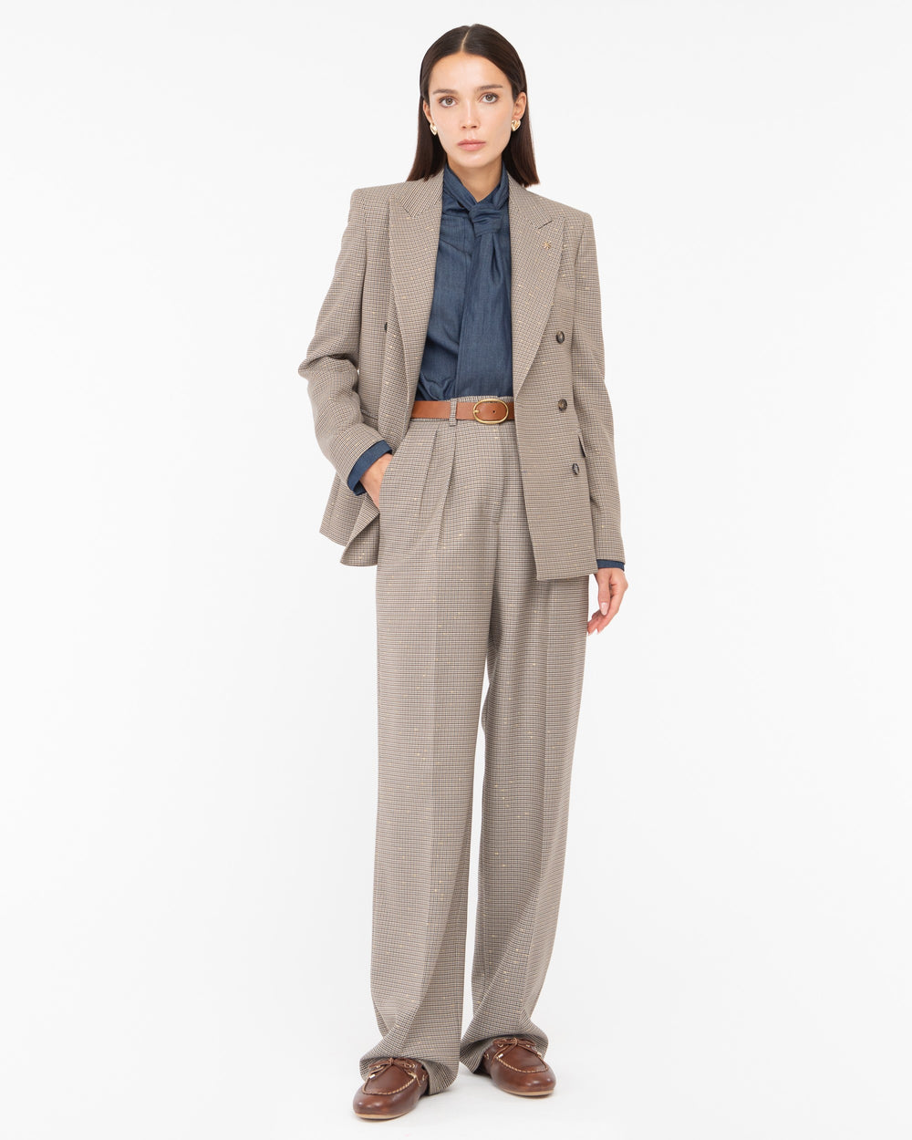 brown micro pied de poule lurex double pleat trousers