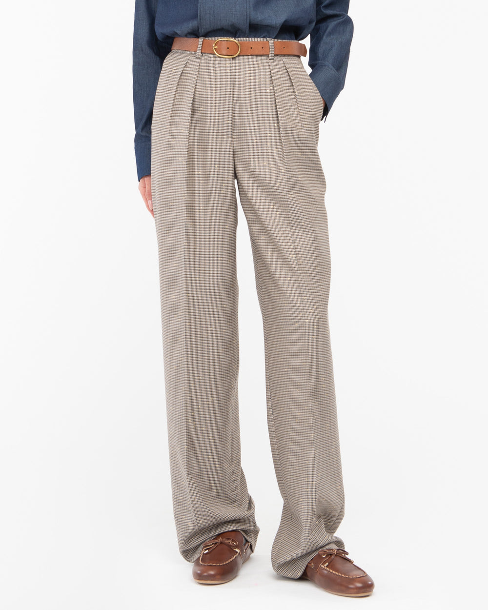 brown micro pied de poule lurex double pleat trousers