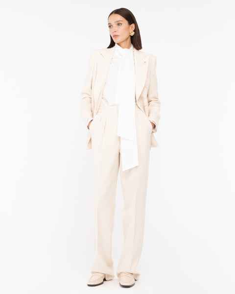 white double pleat poly viscose stretch trousers