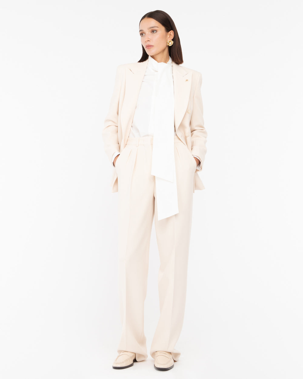 white double pleat poly viscose stretch trousers