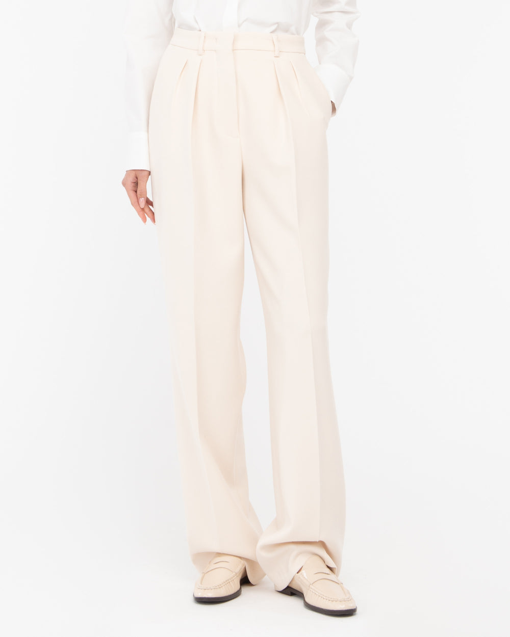 white double pleat poly viscose stretch trousers