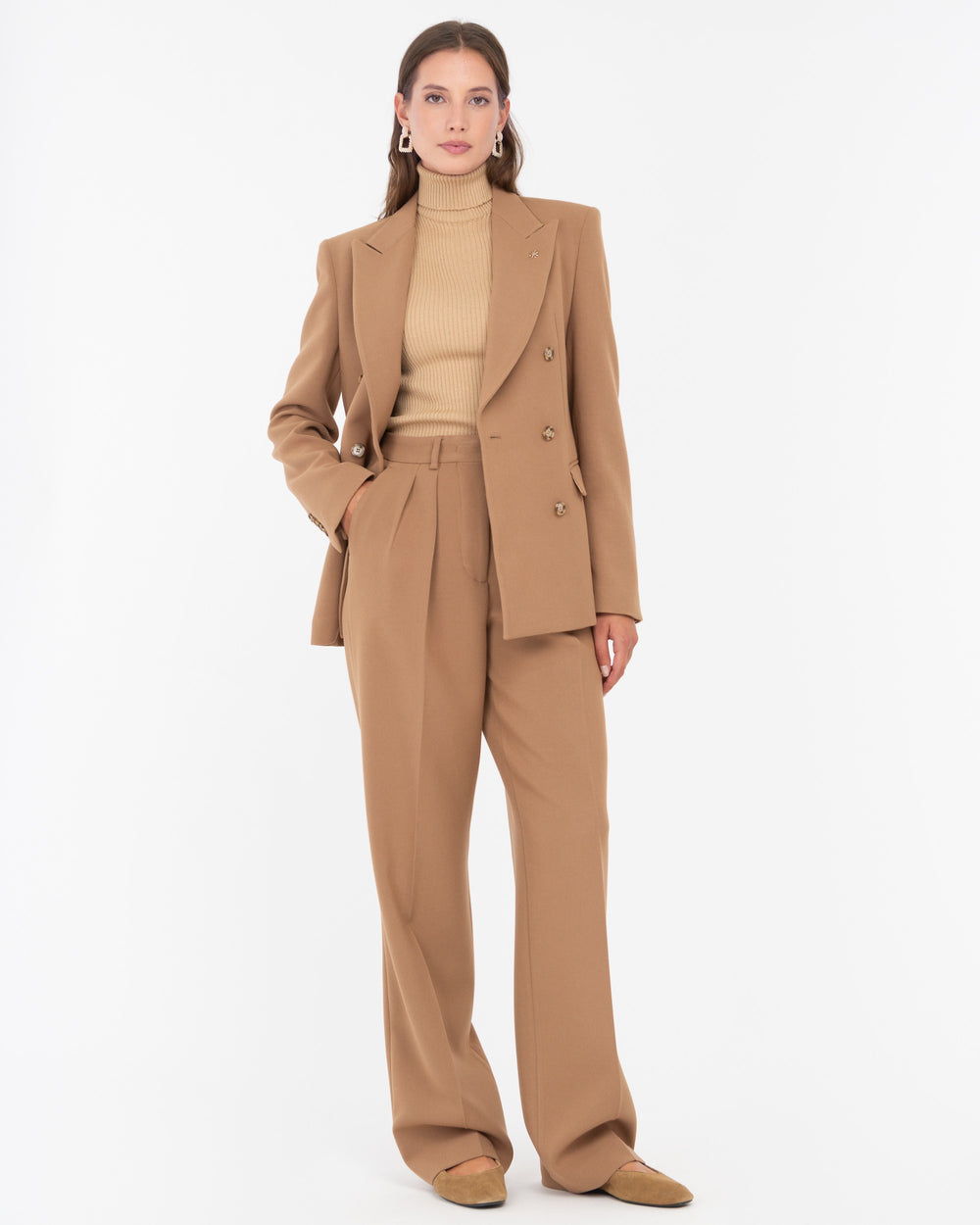 brown double pleat poly viscose stretch trousers