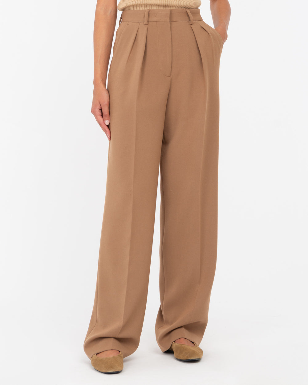 brown double pleat poly viscose stretch trousers