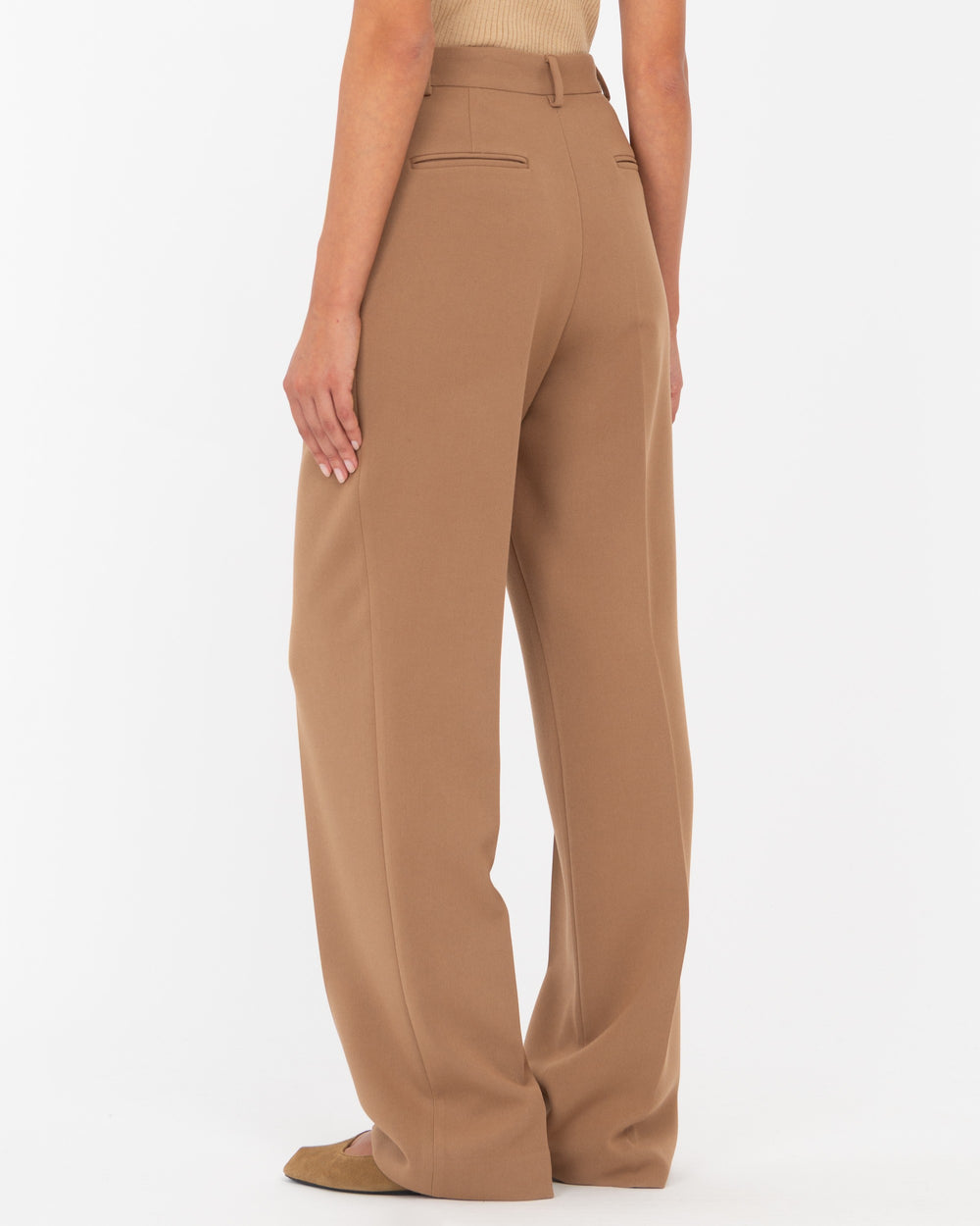 brown double pleat poly viscose stretch trousers
