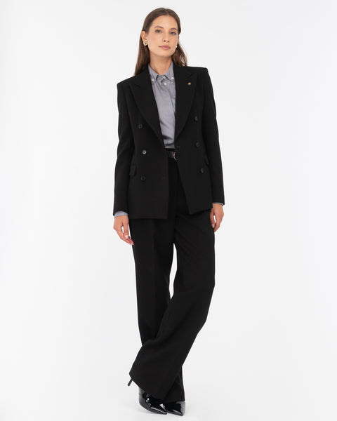 black double pleat poly viscose stretch trousers