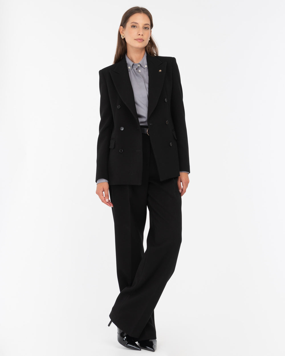 black double pleat poly viscose stretch trousers