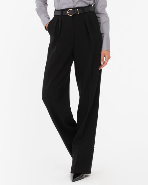 black double pleat poly viscose stretch trousers