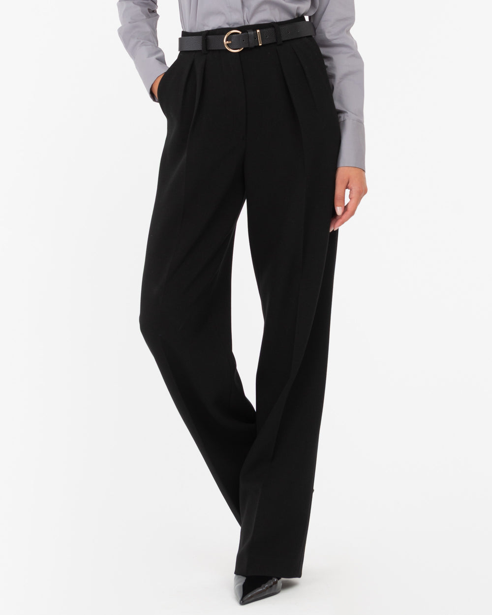 black double pleat poly viscose stretch trousers