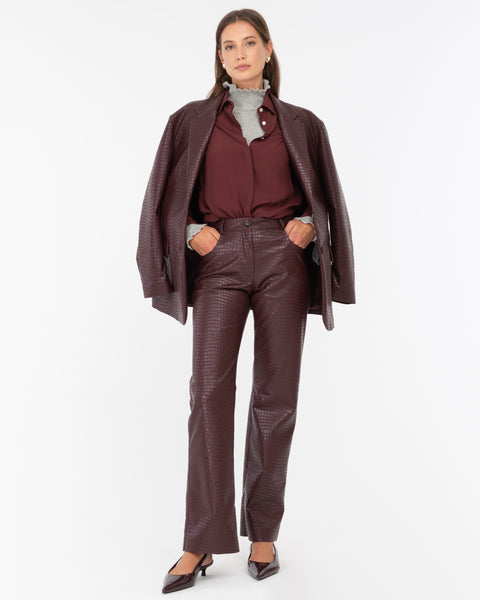 red straight faux leather crocodile trousers