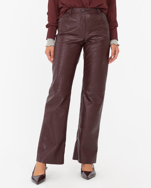 red straight faux leather crocodile trousers