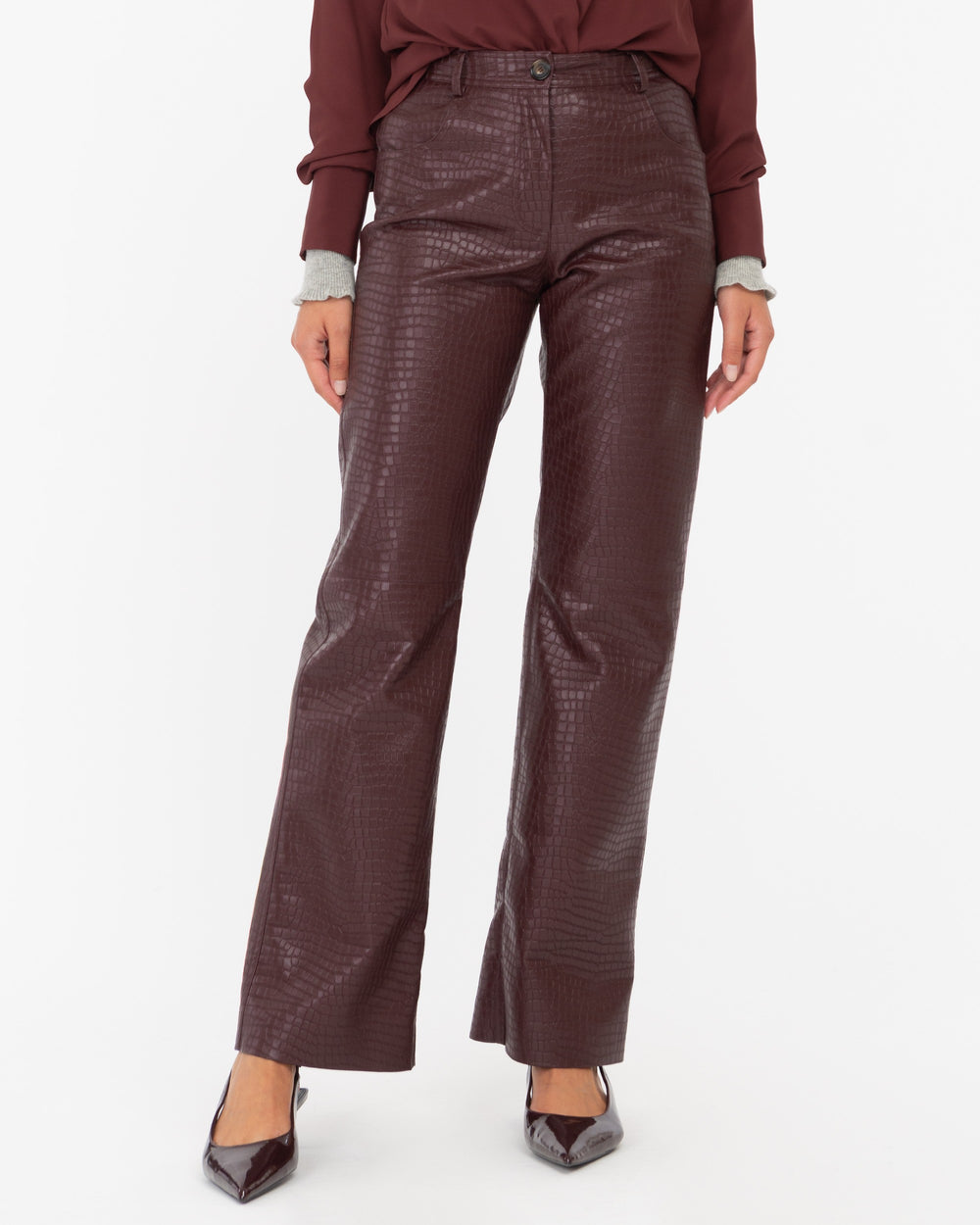 red straight faux leather crocodile trousers