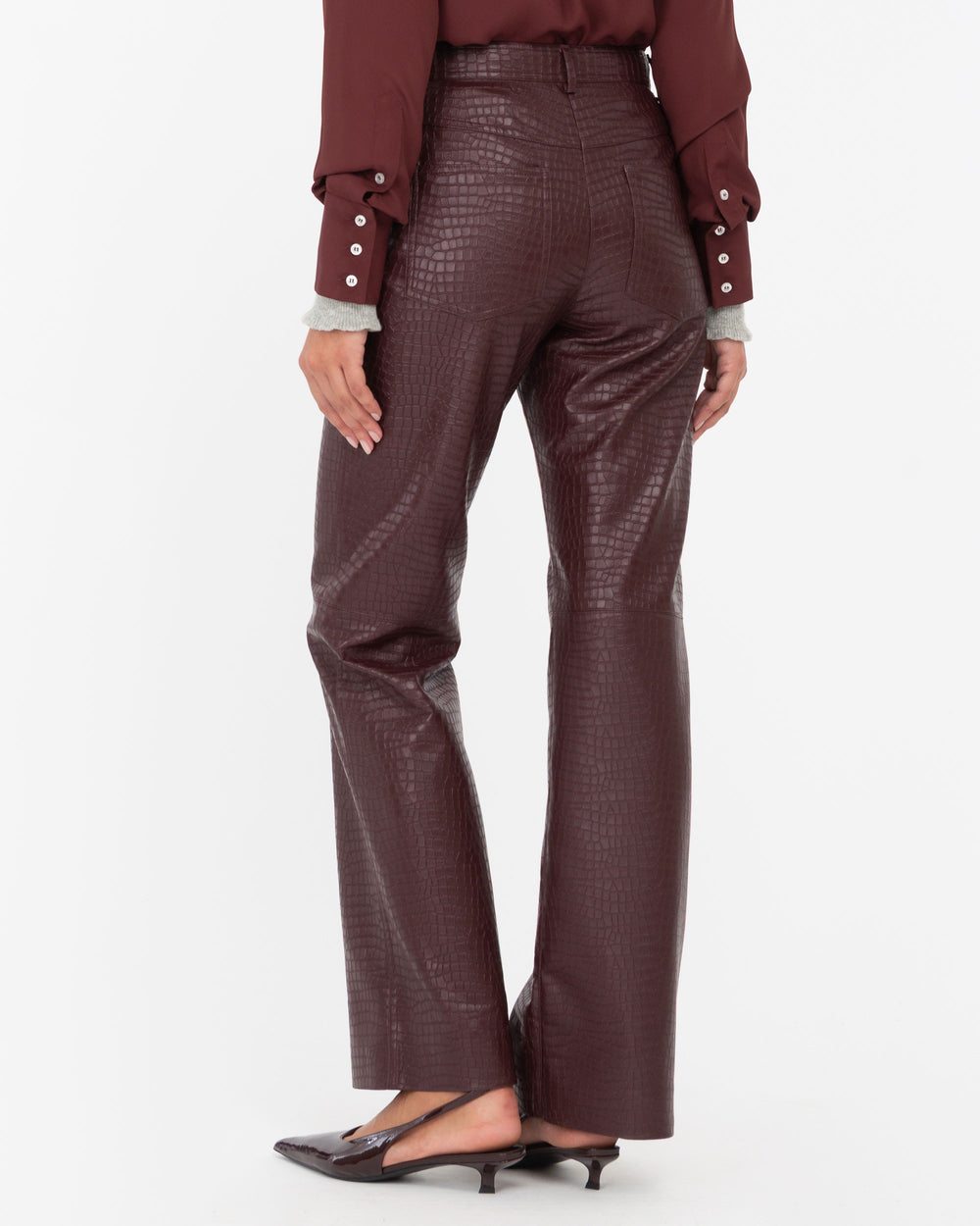 red straight faux leather crocodile trousers
