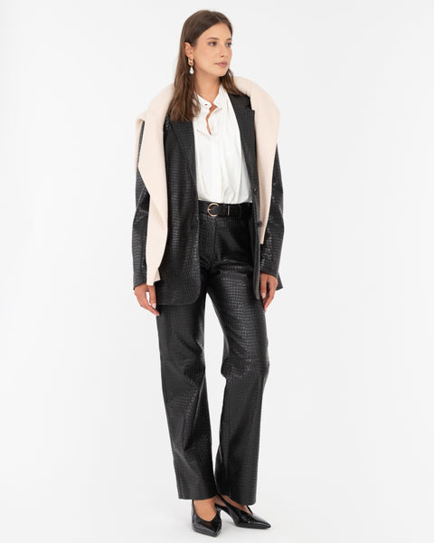 black straight faux leather crocodile trousers