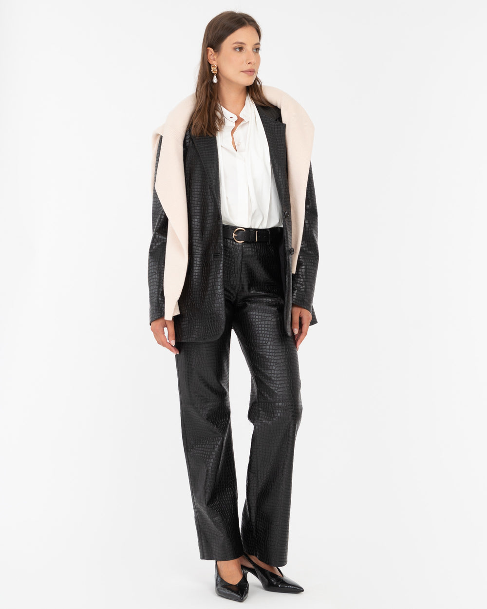 black straight faux leather crocodile trousers