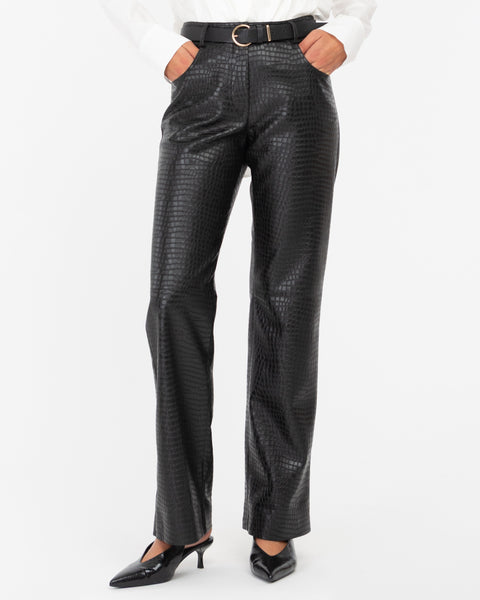 black straight faux leather crocodile trousers