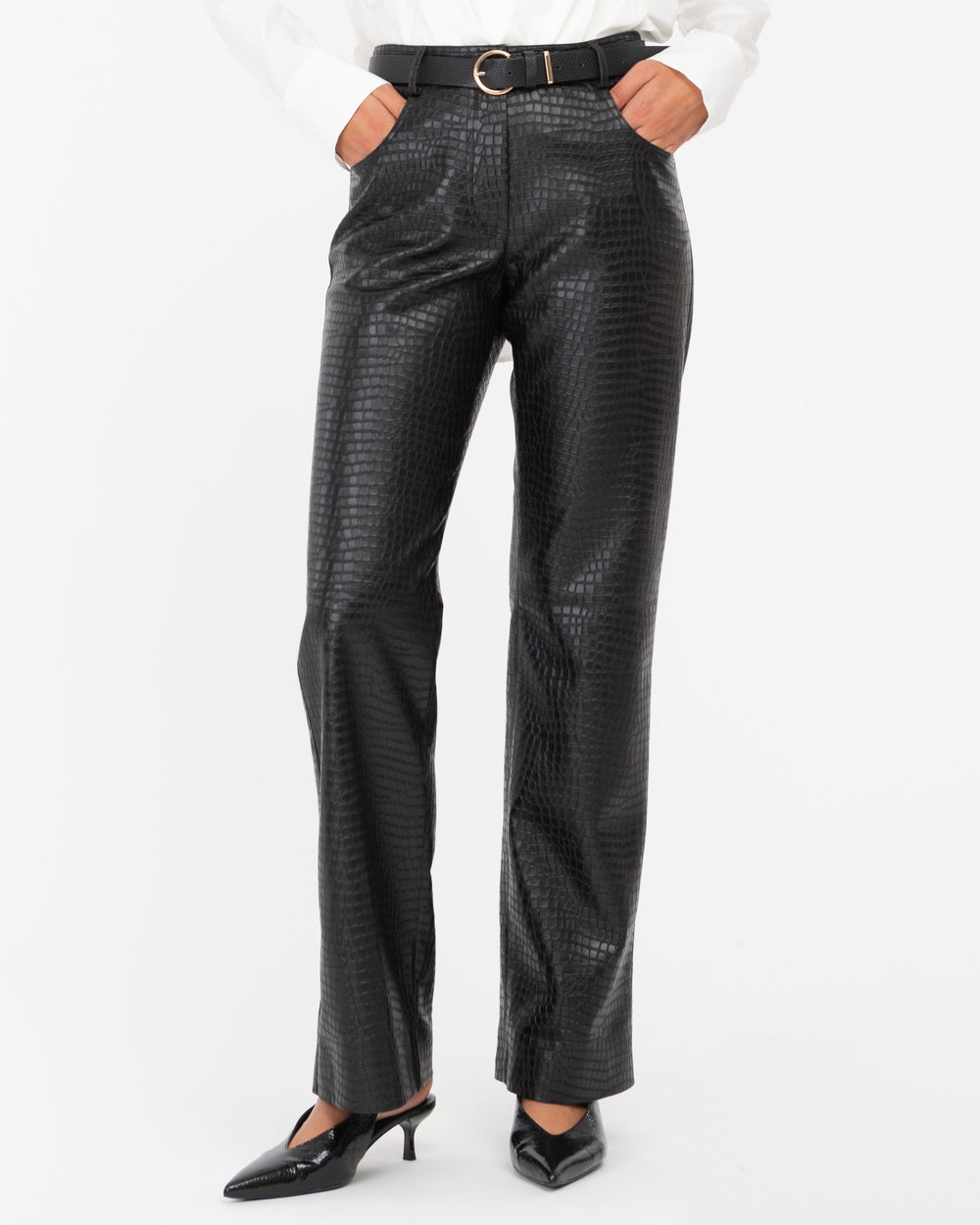 black straight faux leather crocodile trousers