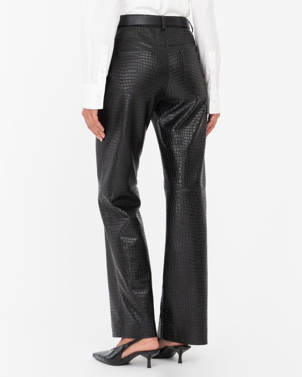 black straight faux leather crocodile trousers