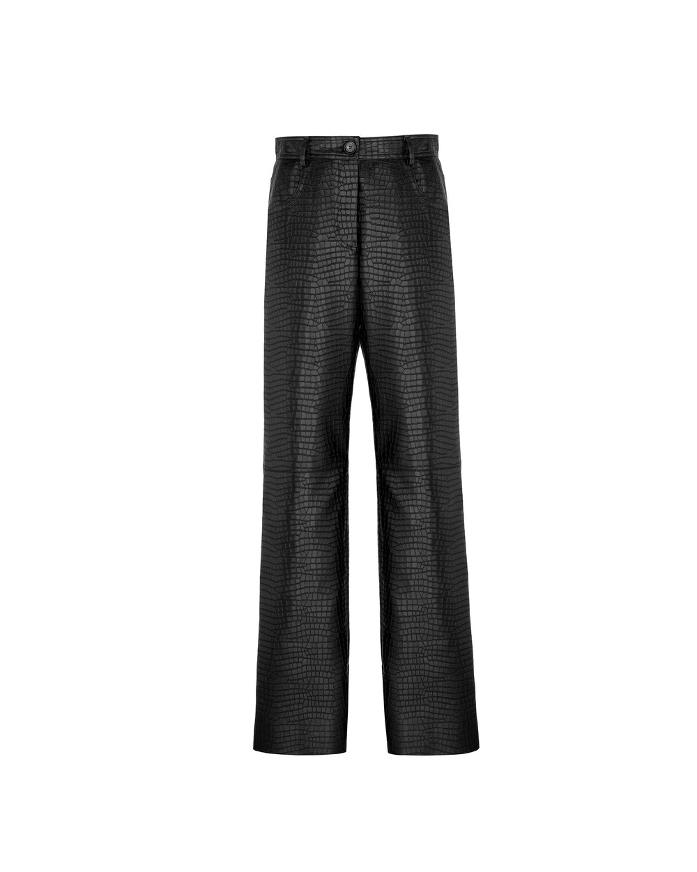black straight faux leather crocodile trousers