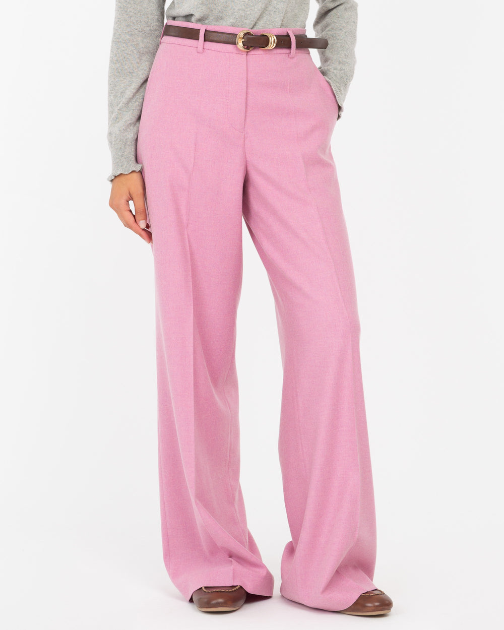 pink straight wool blend flannel trousers