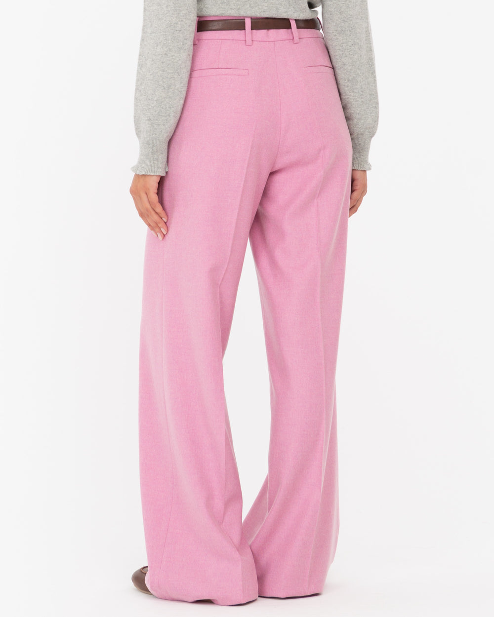 pink straight wool blend flannel trousers