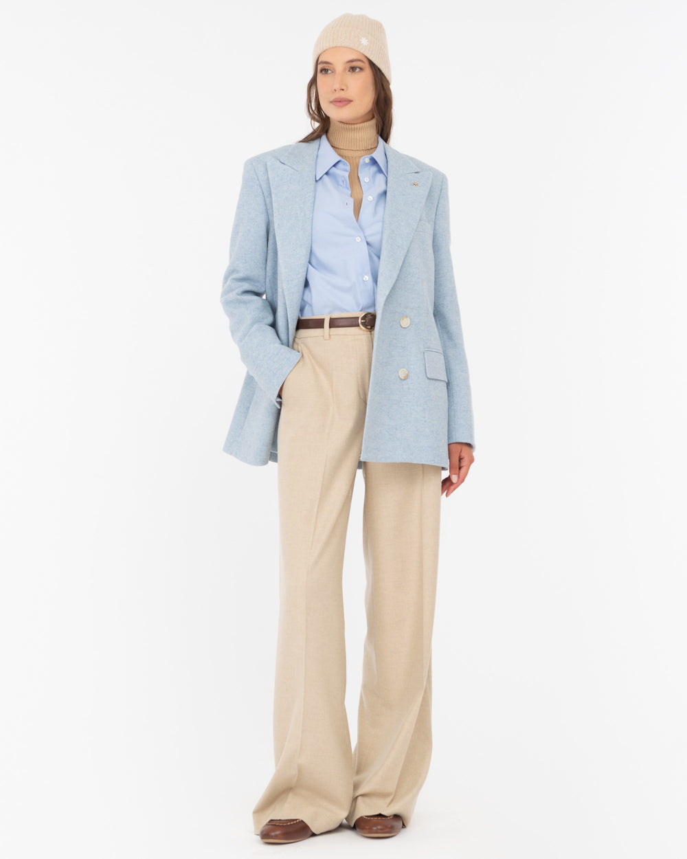 beige straight wool blend flannel trousers