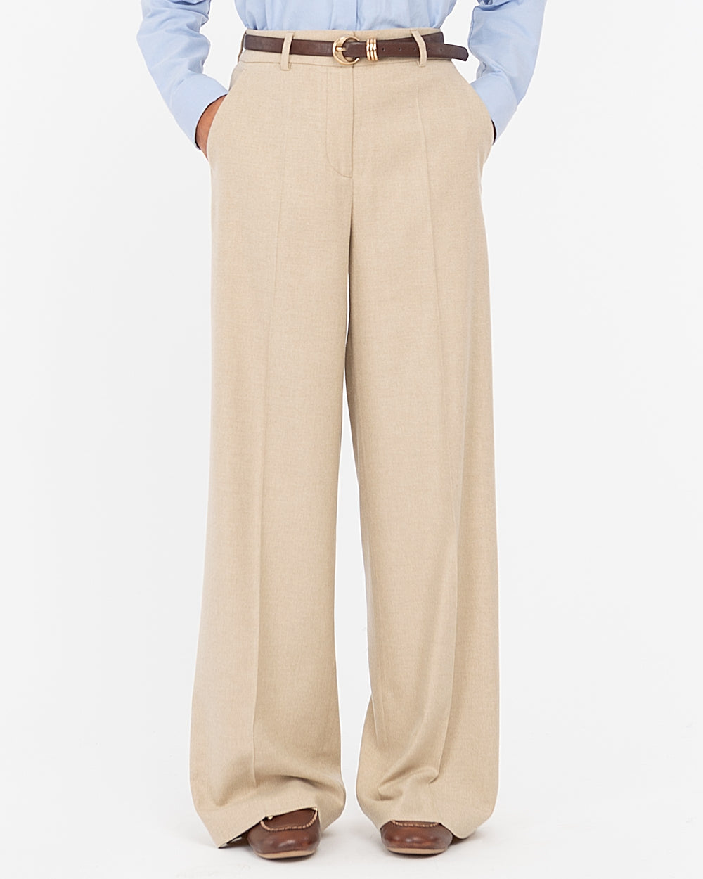 beige straight wool blend flannel trousers
