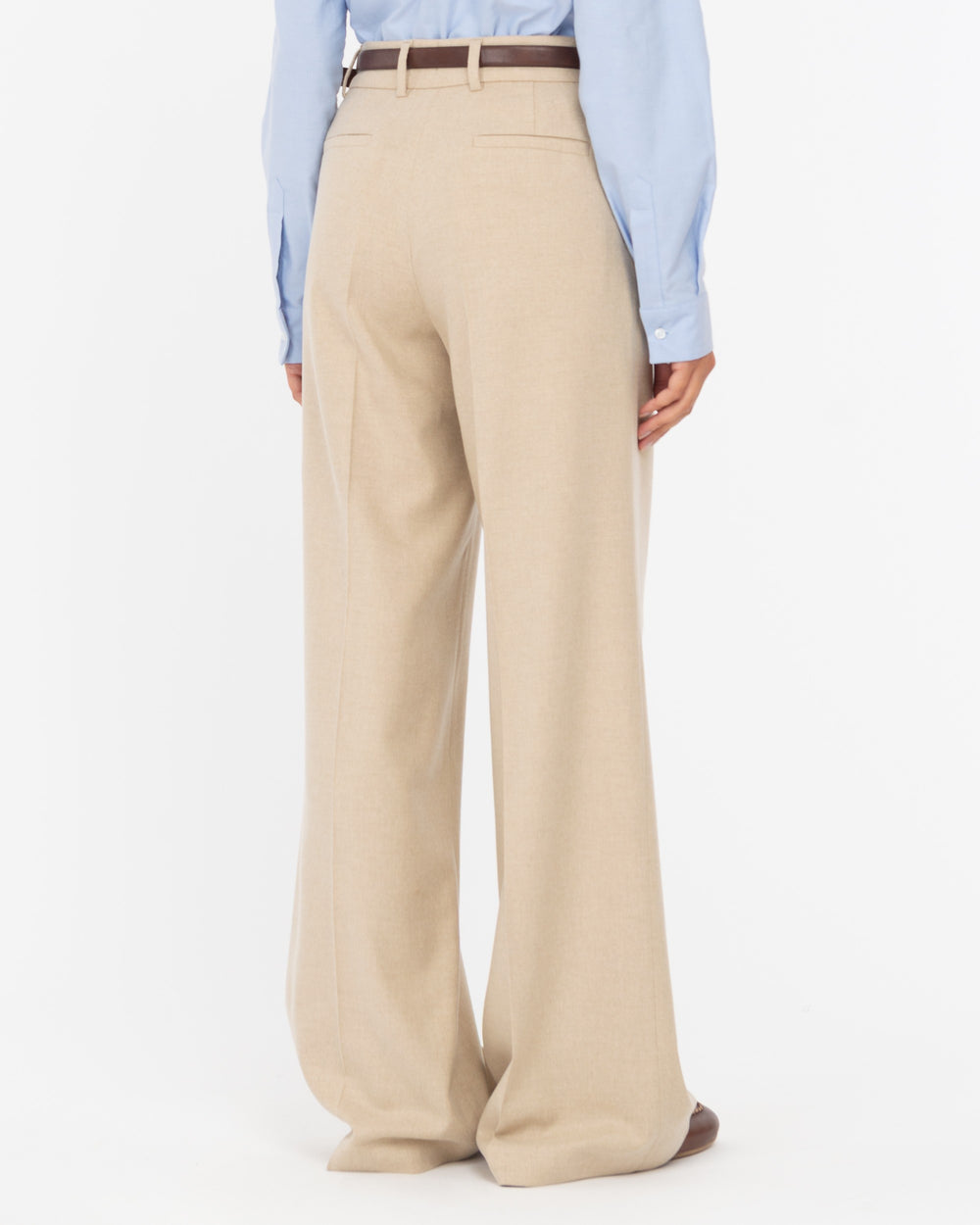 beige straight wool blend flannel trousers