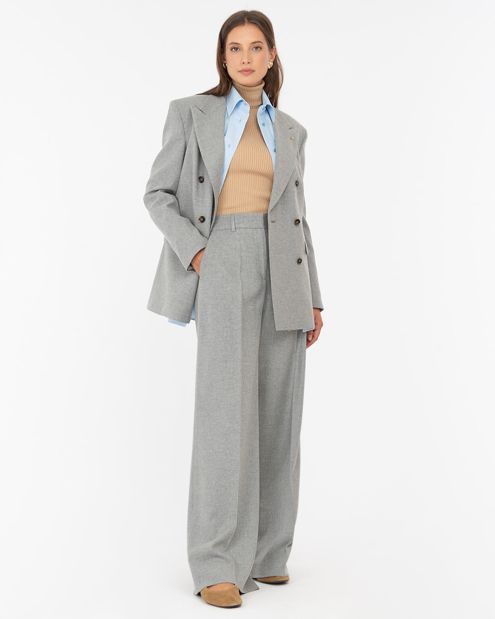 gray straight wool blend flannel trousers