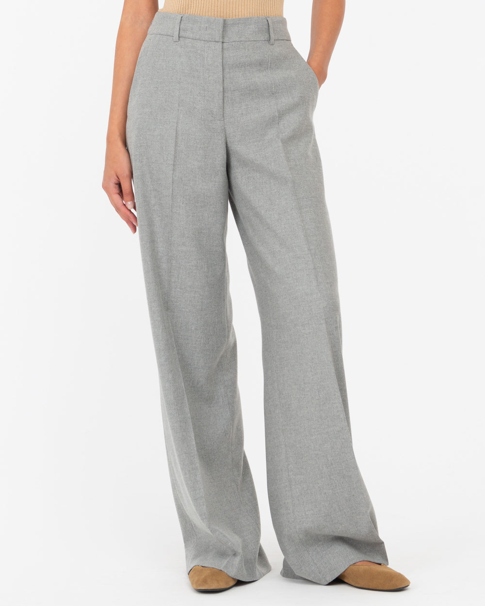 gray straight wool blend flannel trousers