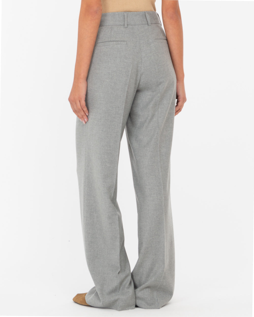 gray straight wool blend flannel trousers