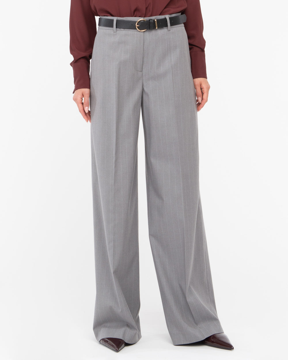gray straight pinstriped poly viscose trousers